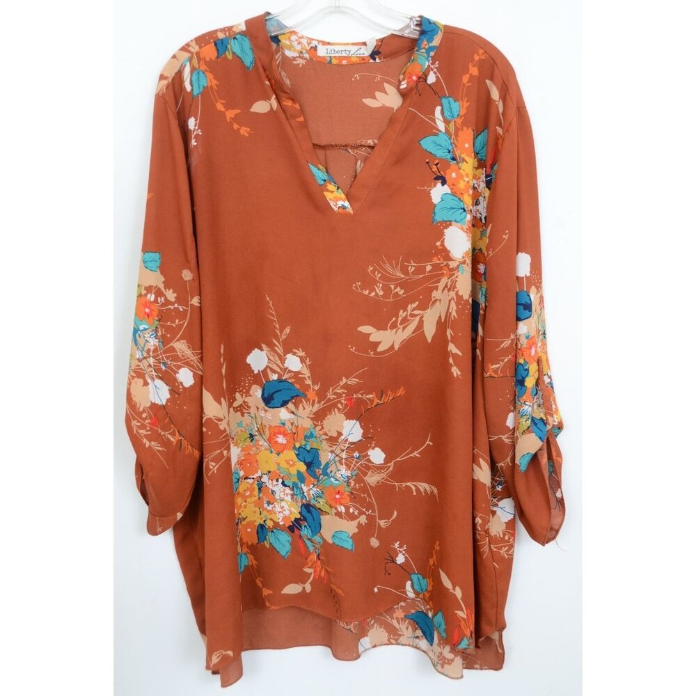 Liberty Love Plus Size 3XL Floral Roll Tab Sleeve V-Neck Forest Fairy Colorful